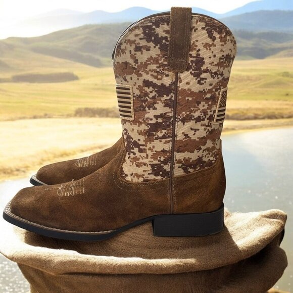 Ariat Kids Camo Western Boots 5 Square Toe Leather Cowboy US Flag Patriotic Chic - Picture 1 of 11
